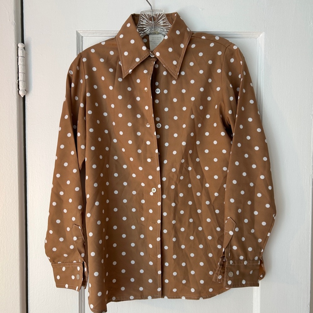 Vintage Brown and white polka dot button up shirt